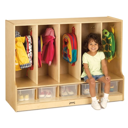 Jonti-Craft Toddler 5 Section Coat Locker with Step, with Clear Cubbie-Trays 66850JC